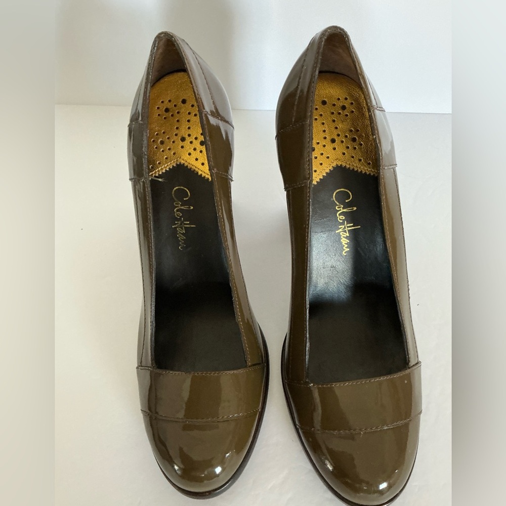 Cole Haan Kendra Nike Air Patent Leather Sepia/Green Block Heel Pumps 7,5 - Picture 14 of 15